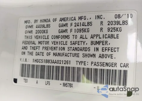 2010 Honda Accord 2.4 Ex-L from USA, damaged, VIN 1HGCS1B83AA021261